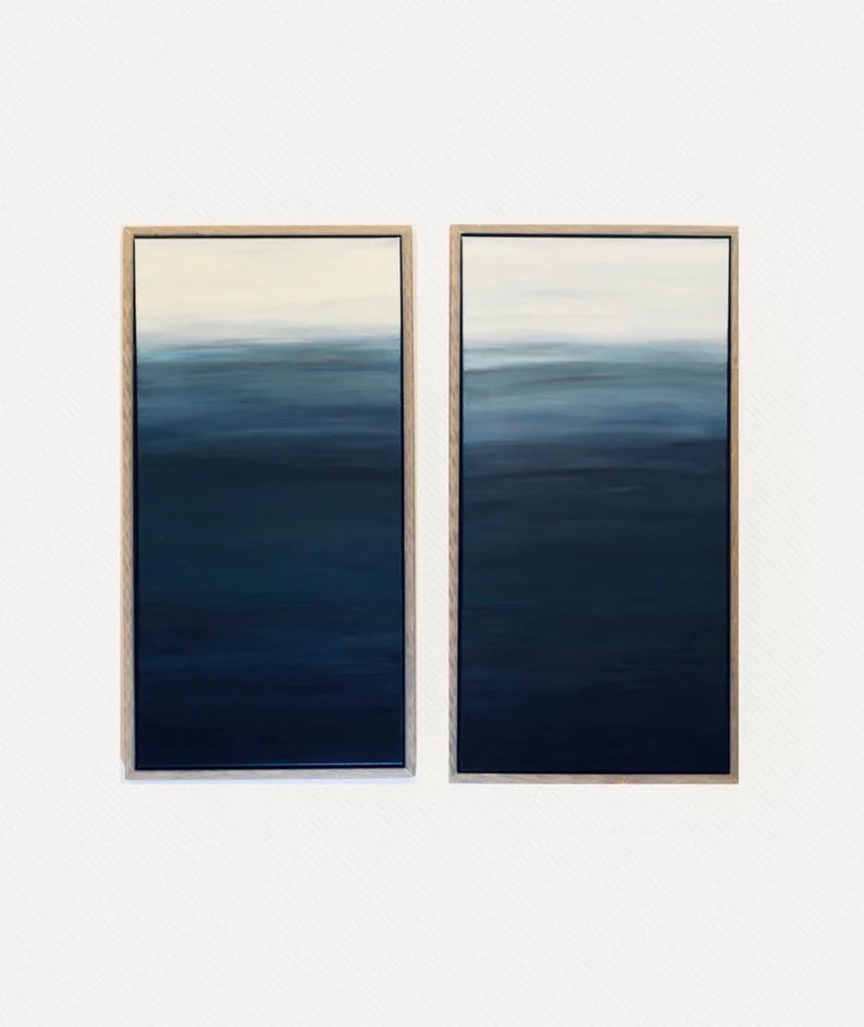 Mid-century modern wall art• Wood Frames• Two dark blue turquoise white painting• Original artist• large oversized art• custom frame• modern