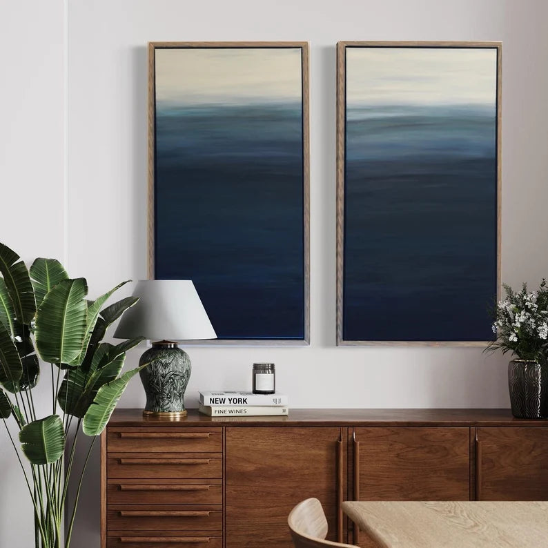 Mid-century modern wall art• Wood Frames• Two dark blue turquoise white painting• Original artist• large oversized art• custom frame• modern