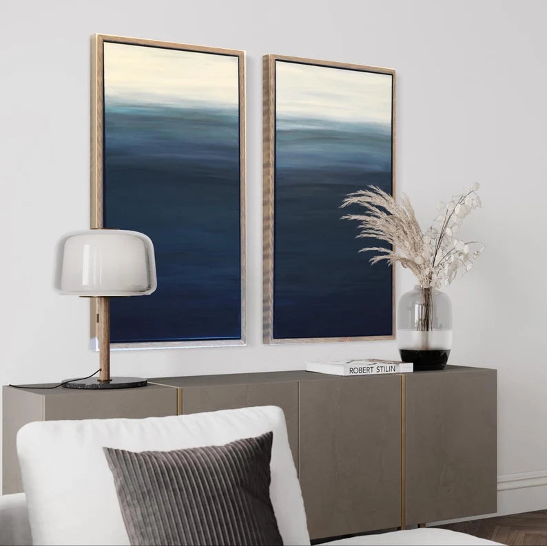 Mid-century modern wall art• Wood Frames• Two dark blue turquoise white painting• Original artist• large oversized art• custom frame• modern
