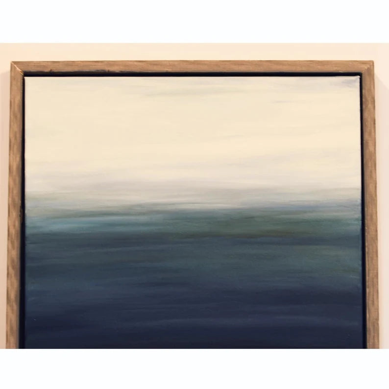Mid-century modern wall art• Wood Frames• Two dark blue turquoise white painting• Original artist• large oversized art• custom frame• modern