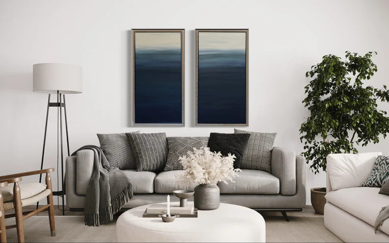 Mid-century modern wall art• Wood Frames• Two dark blue turquoise white painting• Original artist• large oversized art• custom frame• modern
