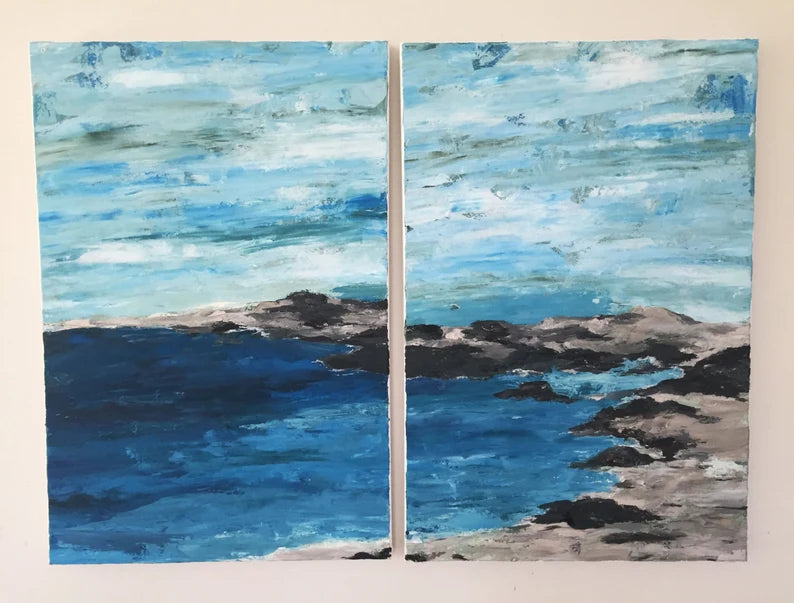 Sea abstract original acrylic painting by Krystal Michelle, 36x48. Two 24 x 36 gallery wrap canvas, ocean beach house decor, seascape wall art