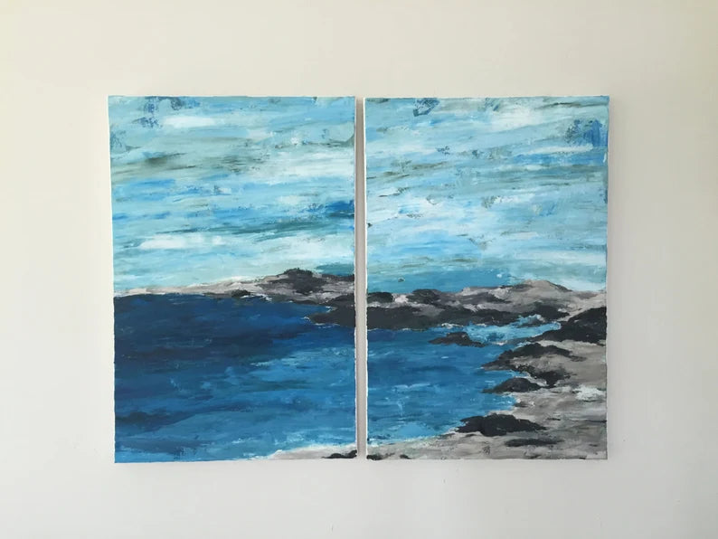 Sea abstract original acrylic painting by Krystal Michelle, 36x48. Two 24 x 36 gallery wrap canvas, ocean beach house decor, seascape wall art