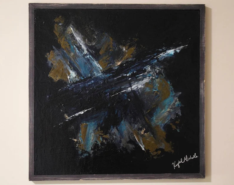 Deep blue original abstract art. Gold blue wall decor. Abstract original