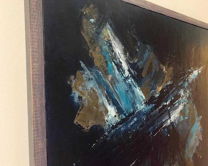 Deep blue original abstract art. Gold blue wall decor. Abstract original
