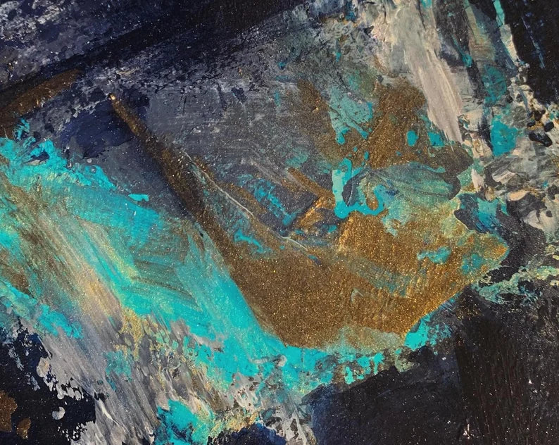 Deep blue original abstract art. Gold blue wall decor. Abstract original