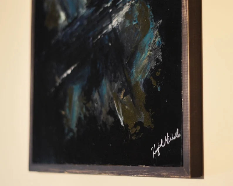 Deep blue original abstract art. Gold blue wall decor. Abstract original