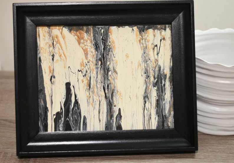 Original Fluid Art Painting• Black Desk Frame• Beige Black Brown Tones• Modern Art by Atlanta Artist• Liquid Art Gift• 8x10• Includes frame