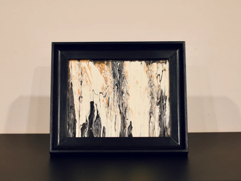 Original Fluid Art Painting• Black Desk Frame• Beige Black Brown Tones• Modern Art by Atlanta Artist• Liquid Art Gift• 8x10• Includes frame