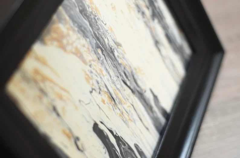 Original Fluid Art Painting• Black Desk Frame• Beige Black Brown Tones• Modern Art by Atlanta Artist• Liquid Art Gift• 8x10• Includes frame
