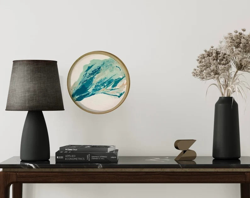 Circular Beach Art • Round Abstract WallArt• Original• Not print• Finished• Original Oceanfront Artist• Blue green aqua• Marble Painting