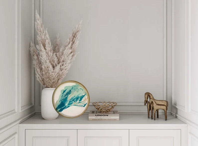 Circular Beach Art • Round Abstract WallArt• Original• Not print• Finished• Original Oceanfront Artist• Blue green aqua• Marble Painting