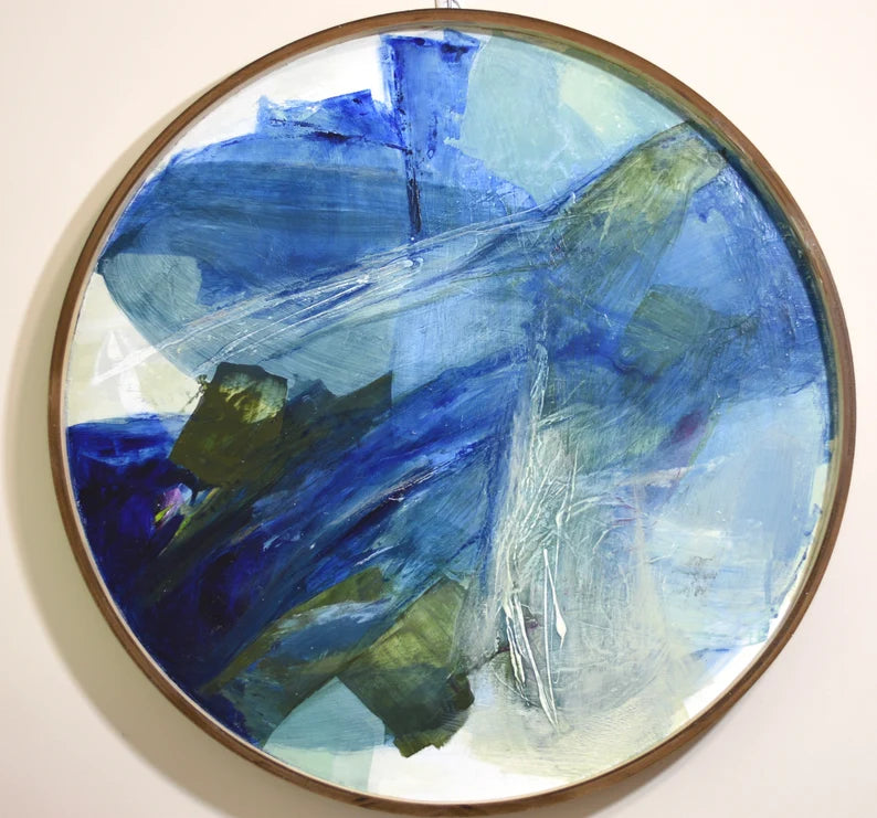 Round large artwork• Blue Original Abstract Painting• Contemporary blue green wall art• Entry way decor• Dark navy blue abstract• wood frame
