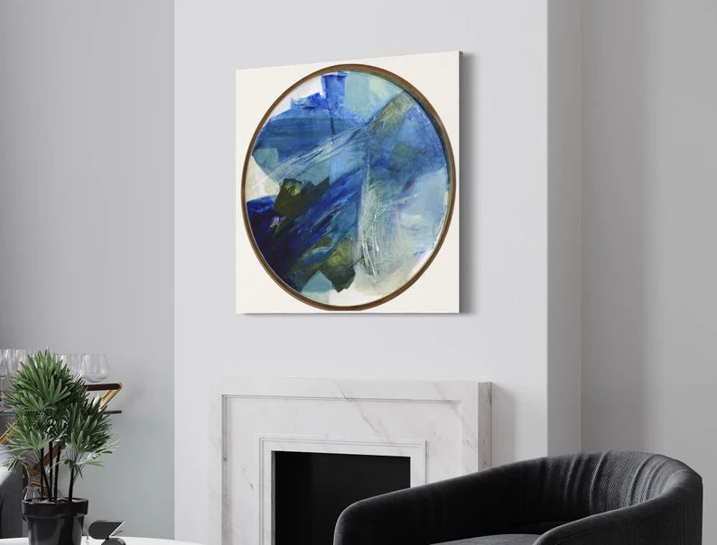 Round large artwork• Blue Original Abstract Painting• Contemporary blue green wall art• Entry way decor• Dark navy blue abstract• wood frame