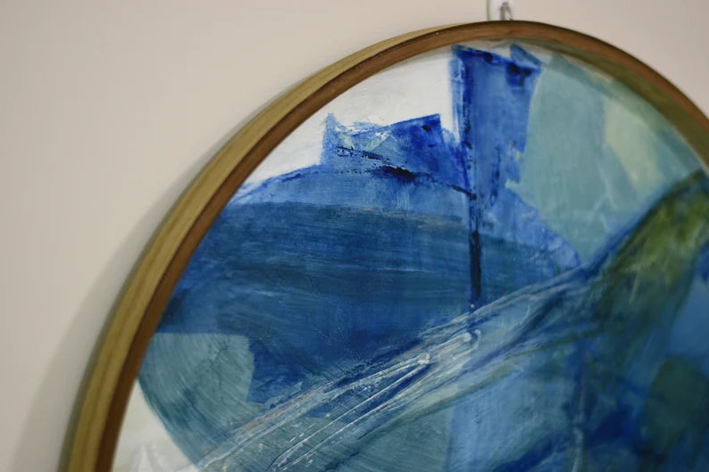 Round large artwork• Blue Original Abstract Painting• Contemporary blue green wall art• Entry way decor• Dark navy blue abstract• wood frame