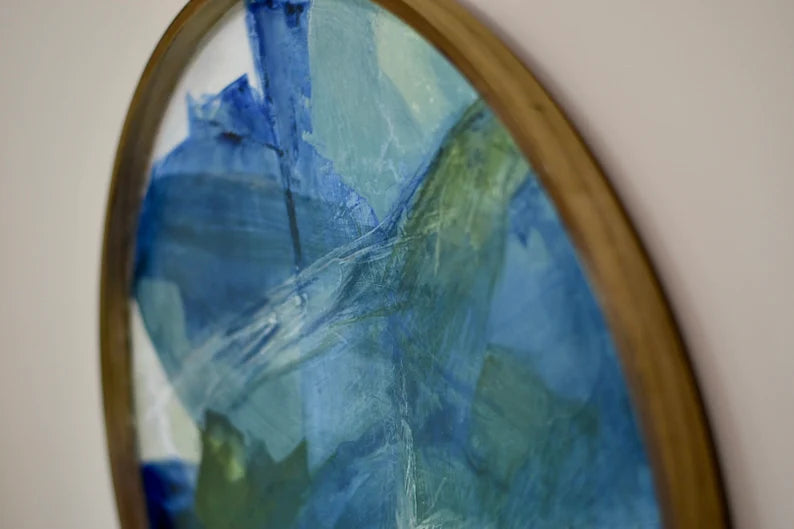 Round large artwork• Blue Original Abstract Painting• Contemporary blue green wall art• Entry way decor• Dark navy blue abstract• wood frame