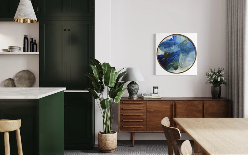 Round large artwork• Blue Original Abstract Painting• Contemporary blue green wall art• Entry way decor• Dark navy blue abstract• wood frame