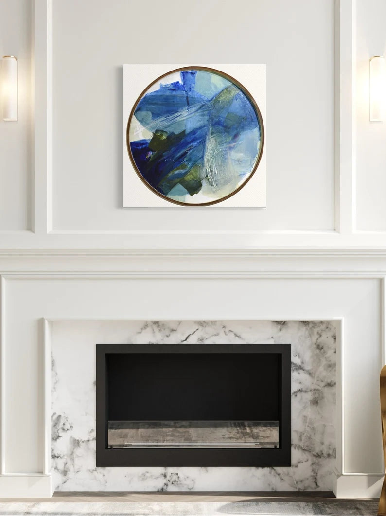 Round large artwork• Blue Original Abstract Painting• Contemporary blue green wall art• Entry way decor• Dark navy blue abstract• wood frame