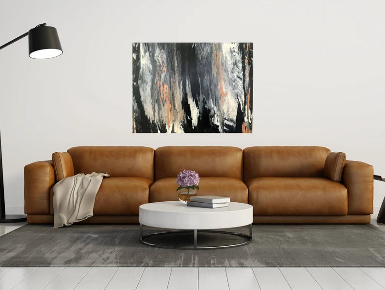 Large Abstract Wall Art 30x40 marble acrylic painting, Original art by Krystal Michelle, black tan white, Large Abstact painting, Marbleized