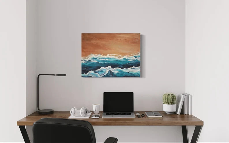 Original painting. Beach water landscape. 18x24 inch original artwork. Modern eclectic beach house. Art decor