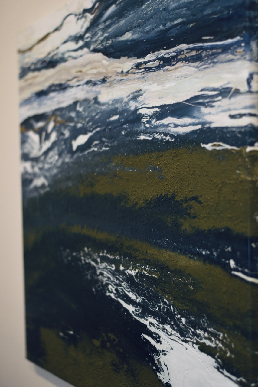 Large wall art• oversized abstract• modern home• 36x 48• 3ft x 4ft• dark blue white creme gold• textured original painting• leather canvas