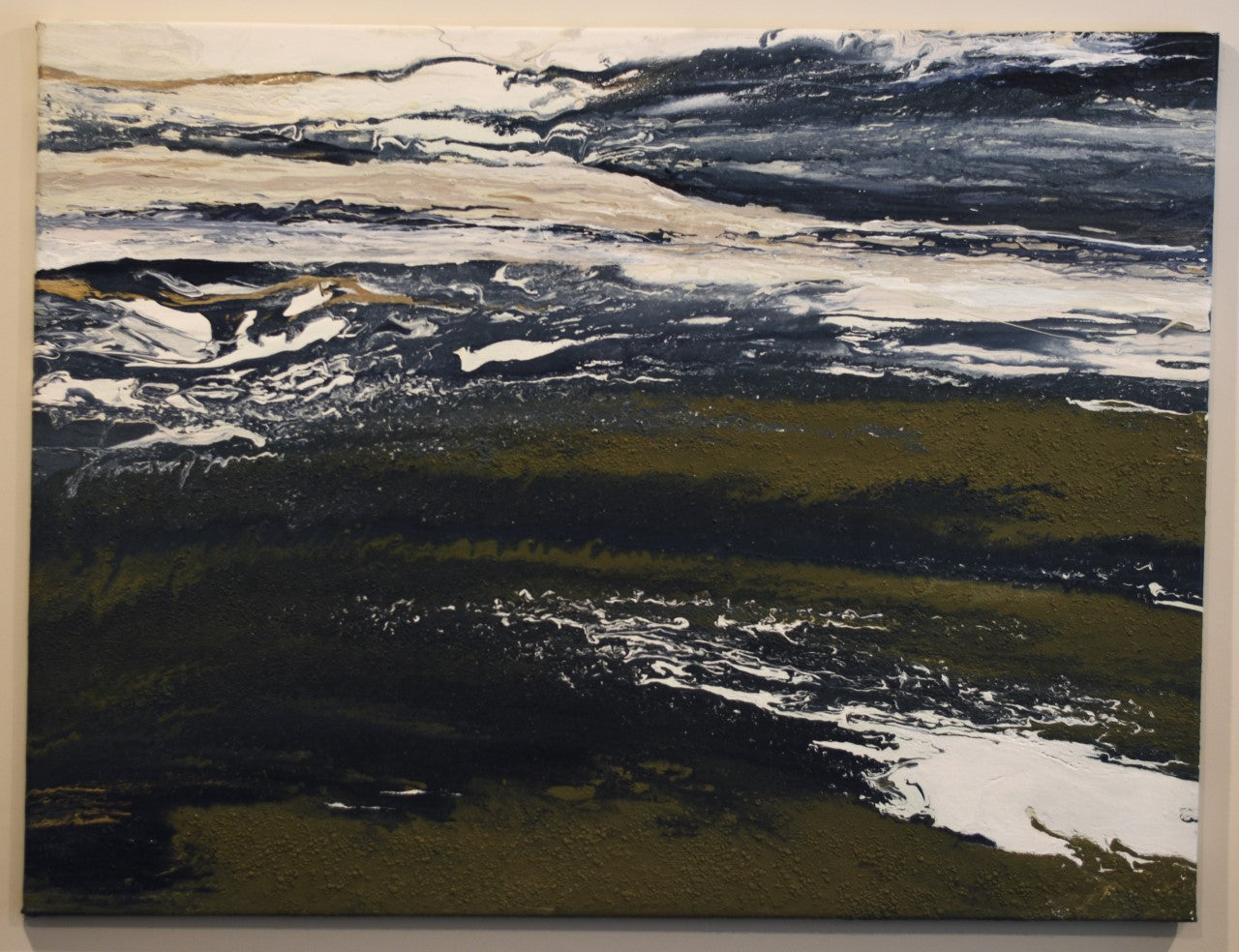 Large wall art• oversized abstract• modern home• 36x 48• 3ft x 4ft• dark blue white creme gold• textured original painting• leather canvas