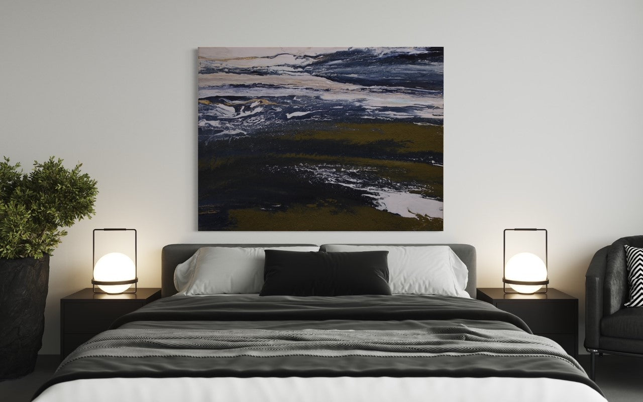 Large wall art• oversized abstract• modern home• 36x 48• 3ft x 4ft• dark blue white creme gold• textured original painting• leather canvas