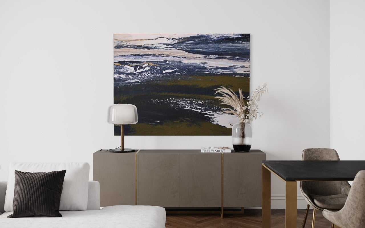 Large wall art• oversized abstract• modern home• 36x 48• 3ft x 4ft• dark blue white creme gold• textured original painting• leather canvas