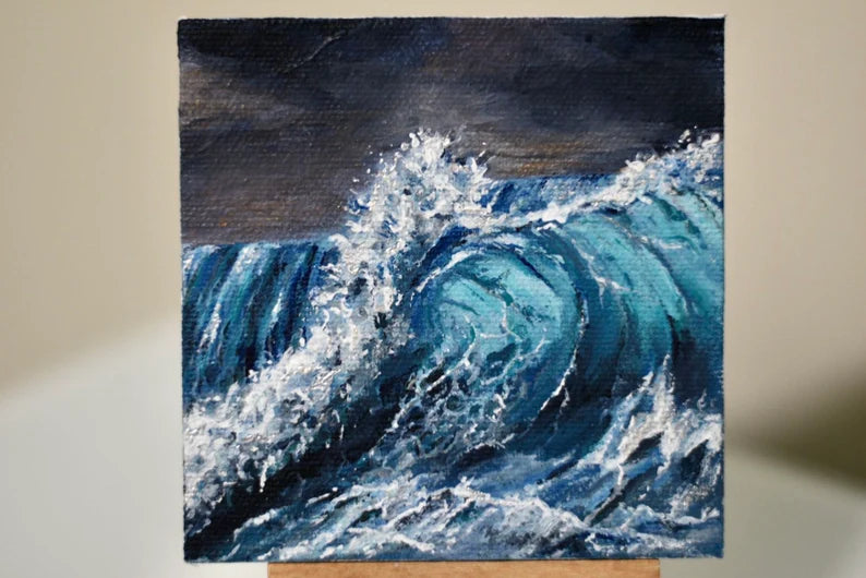 4x4 Mini Original Painting• Gift• Ocean Painting• Wave Artwork• Sparkle Magnet• Office decor• Beach water•Stormy weather• waves.small easel