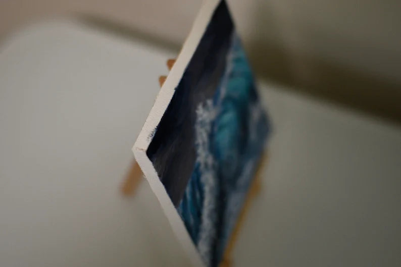 4x4 Mini Original Painting• Gift• Ocean Painting• Wave Artwork• Sparkle Magnet• Office decor• Beach water•Stormy weather• waves.small easel