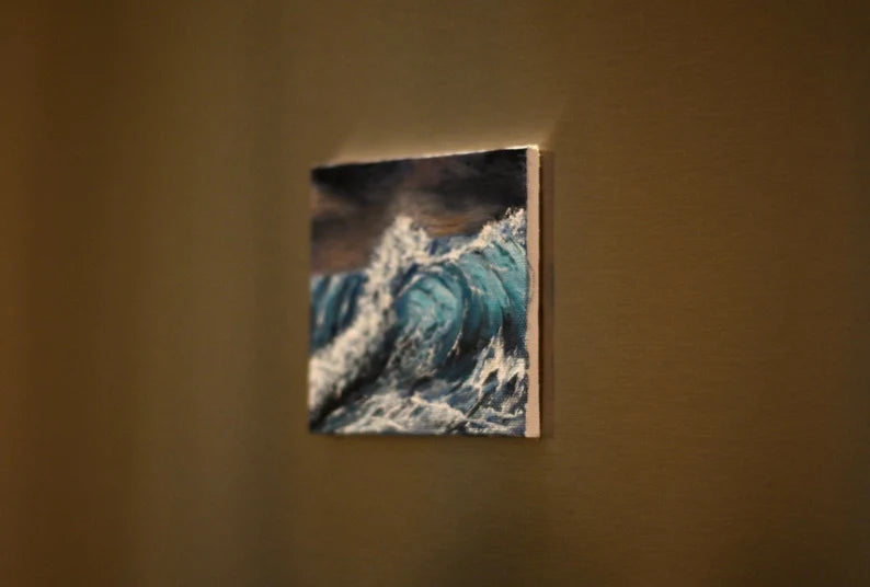 4x4 Mini Original Painting• Gift• Ocean Painting• Wave Artwork• Sparkle Magnet• Office decor• Beach water•Stormy weather• waves.small easel