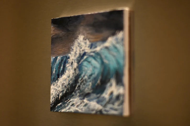 4x4 Mini Original Painting• Gift• Ocean Painting• Wave Artwork• Sparkle Magnet• Office decor• Beach water•Stormy weather• waves.small easel