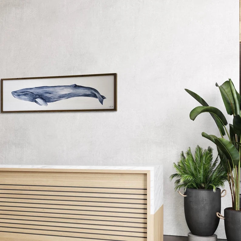 Whale Painting• vintage original painting• beach house decor• Large wall art• Ocean sea life art• Navy blue• nursery decor• beach modern art