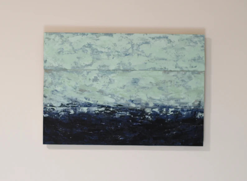 Wooden art•Original beach style painting•Dark blue•light green•Recycled materials•Sustainable decor•Rustic beach decor•Blue green ocean art