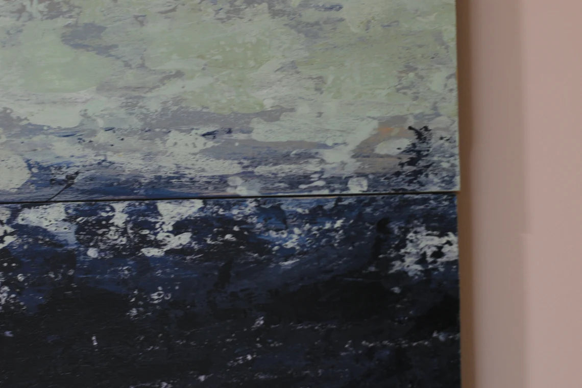 Wooden art•Original beach style painting•Dark blue•light green•Recycled materials•Sustainable decor•Rustic beach decor•Blue green ocean art