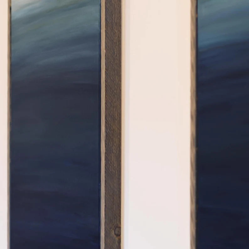 Mid-century modern wall art• Wood Frames• Two dark blue turquoise white painting• Original artist• large oversized art• custom frame• modern