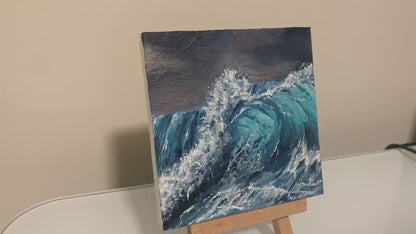 4x4 Mini Original Painting• Gift• Ocean Painting• Wave Artwork• Sparkle Magnet• Office decor• Beach water•Stormy weather• waves.small easel
