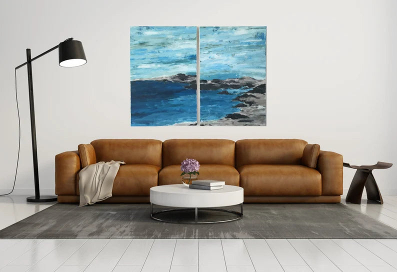 Sea abstract original acrylic painting by Krystal Michelle, 36x48. Two 24 x 36 gallery wrap canvas, ocean beach house decor, seascape wall art