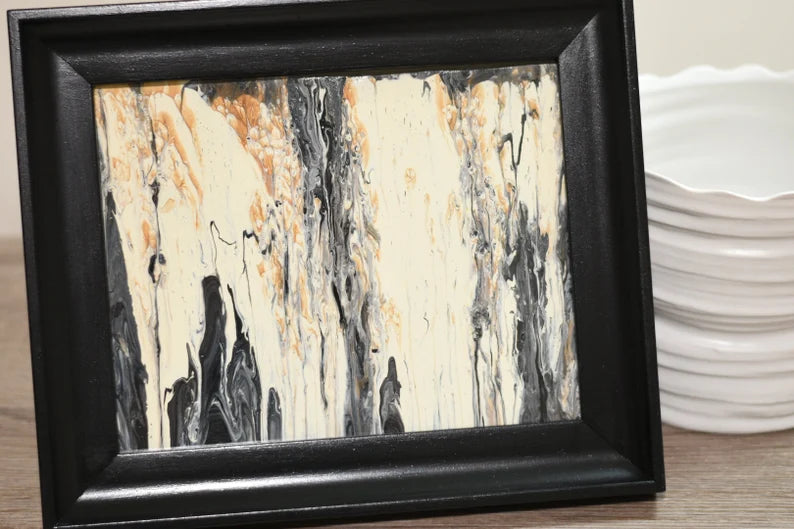 Original Fluid Art Painting• Black Desk Frame• Beige Black Brown Tones• Modern Art by Atlanta Artist• Liquid Art Gift• 8x10• Includes frame
