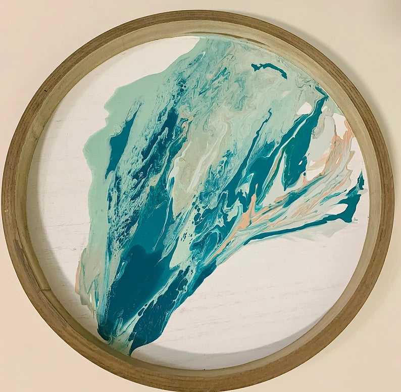 Circular Beach Art • Round Abstract WallArt• Original• Not print• Finished• Original Oceanfront Artist• Blue green aqua• Marble Painting