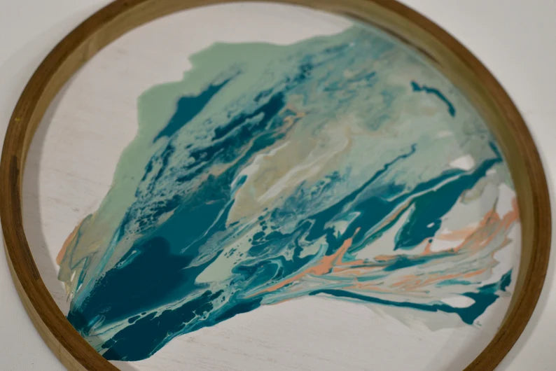 Circular Beach Art • Round Abstract WallArt• Original• Not print• Finished• Original Oceanfront Artist• Blue green aqua• Marble Painting