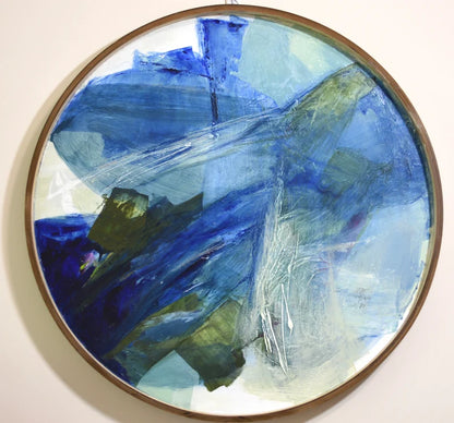 Round large artwork• Blue Original Abstract Painting• Contemporary blue green wall art• Entry way decor• Dark navy blue abstract• wood frame