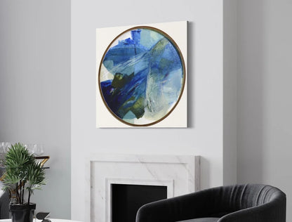 Round large artwork• Blue Original Abstract Painting• Contemporary blue green wall art• Entry way decor• Dark navy blue abstract• wood frame