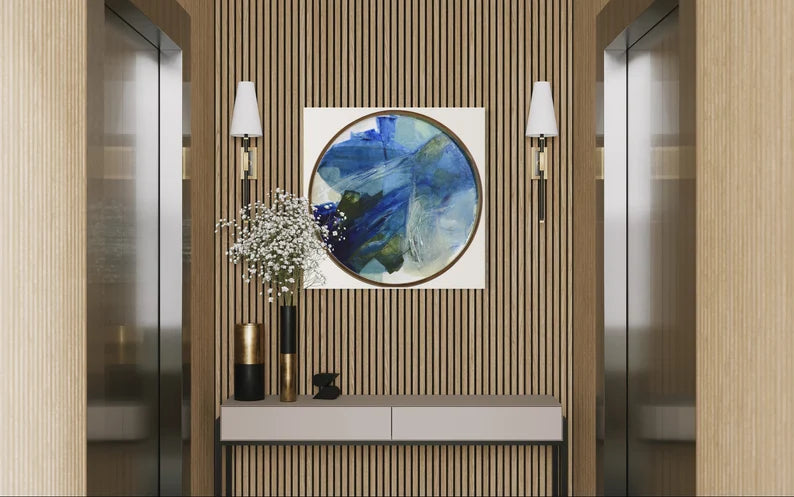 Round large artwork• Blue Original Abstract Painting• Contemporary blue green wall art• Entry way decor• Dark navy blue abstract• wood frame