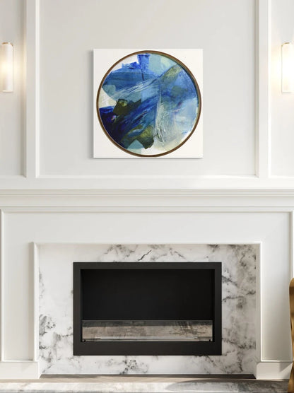 Round large artwork• Blue Original Abstract Painting• Contemporary blue green wall art• Entry way decor• Dark navy blue abstract• wood frame