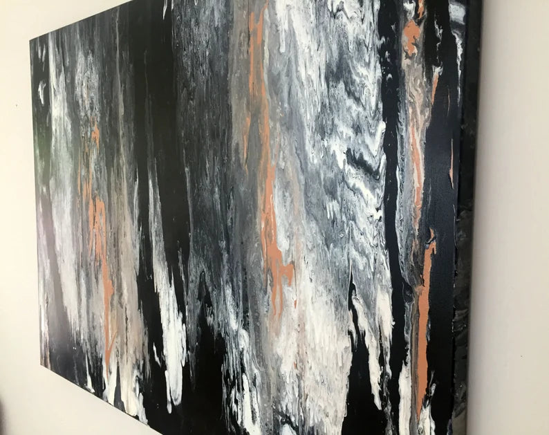 Large Abstract Wall Art 30x40 marble acrylic painting, Original art by Krystal Michelle, black tan white, Large Abstact painting, Marbleized