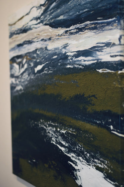 Large wall art• oversized abstract• modern home• 36x 48• 3ft x 4ft• dark blue white creme gold• textured original painting• leather canvas