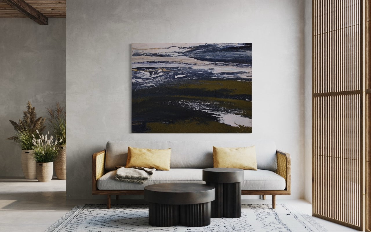 Large wall art• oversized abstract• modern home• 36x 48• 3ft x 4ft• dark blue white creme gold• textured original painting• leather canvas