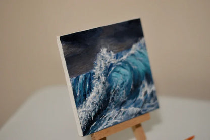 4x4 Mini Original Painting• Gift• Ocean Painting• Wave Artwork• Sparkle Magnet• Office decor• Beach water•Stormy weather• waves.small easel