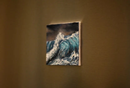 4x4 Mini Original Painting• Gift• Ocean Painting• Wave Artwork• Sparkle Magnet• Office decor• Beach water•Stormy weather• waves.small easel